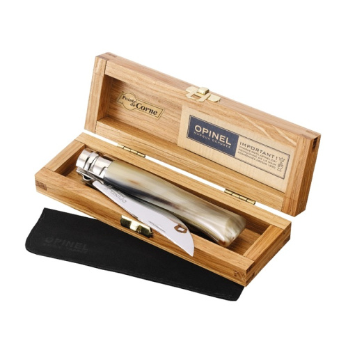 Нож Opinel №8, нержавеющая сталь, полированный клинок, рукоять светлый рог буйвола, дерев футляр, 000980 фото 2